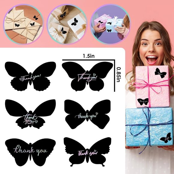 50 THANK YOU Stickers Black Holographic Butterfly 6 Designs Rainbow Foi… - Picture 7 of 7